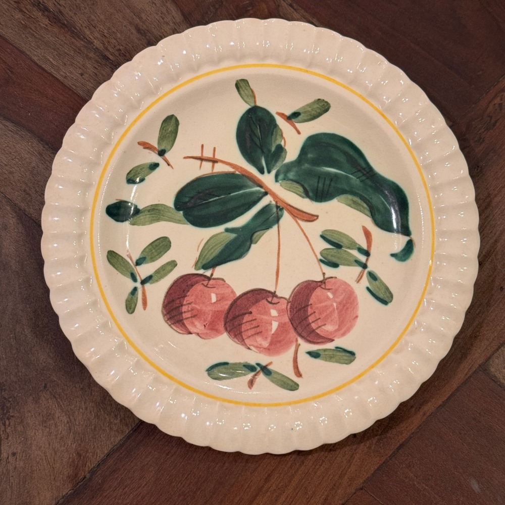 Red Wing Pottery Hand Painted Cherry Scalloped Bread Plate 8.25 Inch Vintage